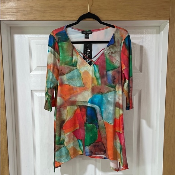 Michael Tyler 3/4 Sleeve Top Blouse V-neck Casual Abstract Women’s Tunic Size L - Picture 2 of 11